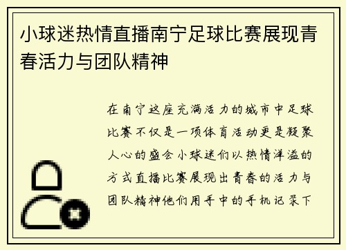 小球迷热情直播南宁足球比赛展现青春活力与团队精神
